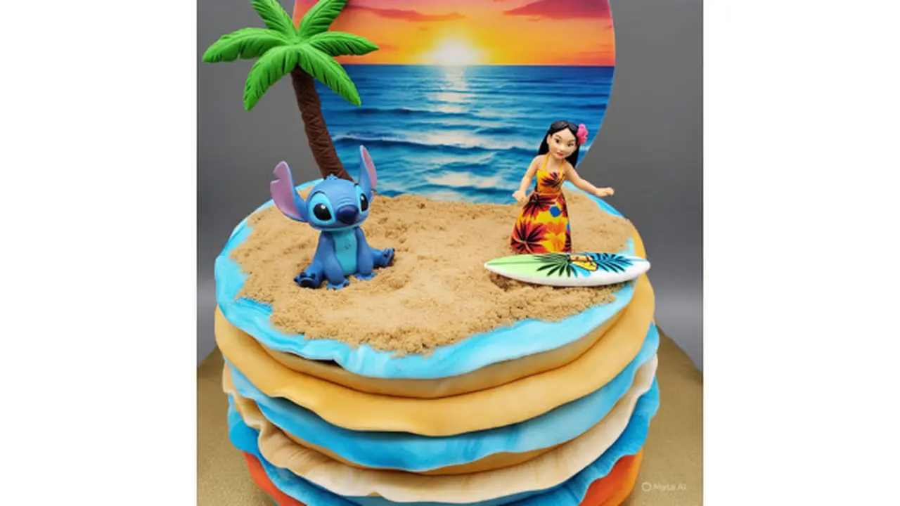 Model Kue Ulang Tahun dengan Karakter Film Lilo & Stitch 2025 (Foto: Meta AI)