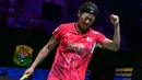 Pebulu tangkis tunggal putri Korea Selatan, An Se-young bereaksi saat mendapatkan poin saat melawan Wang Zhiyi (China) dalam pertandingan semifinal tunggal putri di turnamen bulu tangkis Indonesia Open 2024 di Jakarta pada 8 Juni 2024. (BAY ISMOYO/AFP)