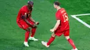 Romelu Lukaku berhasil mencetak empat gol dalam lima pertandingannya bersama Belgia. Ia menempati nomor lima pencetak gol terbanyak di perhelatan akbar Euro 2020. (AFP/Pool/Anton Vaganov)