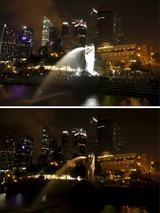 Kombinasi foto dari ikon pariwisata Singapura, Patung Merlion sebelum dan setelah lampu dimatikan saat memperingati Earth Hour di Singapura (19/3/2016). (Reuters / Edgar Su)