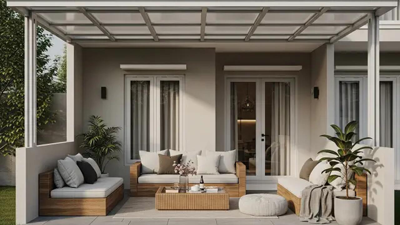 Teras Klasik dengan Sentuhan Kayu dan Kanopi Baja Hollow/Desain Teras Rumah Minimalis Ukuran 3x5 dengan Kanopi (Sumber: gemini.com)