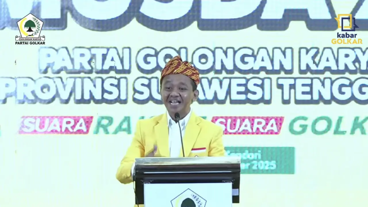Ketua Umum Partai Golkar Bahlil Lahadalia saat berpidato dalam Musyawarah Daerah (Musda) Golkar Sulawesi Tenggara (Sultra).