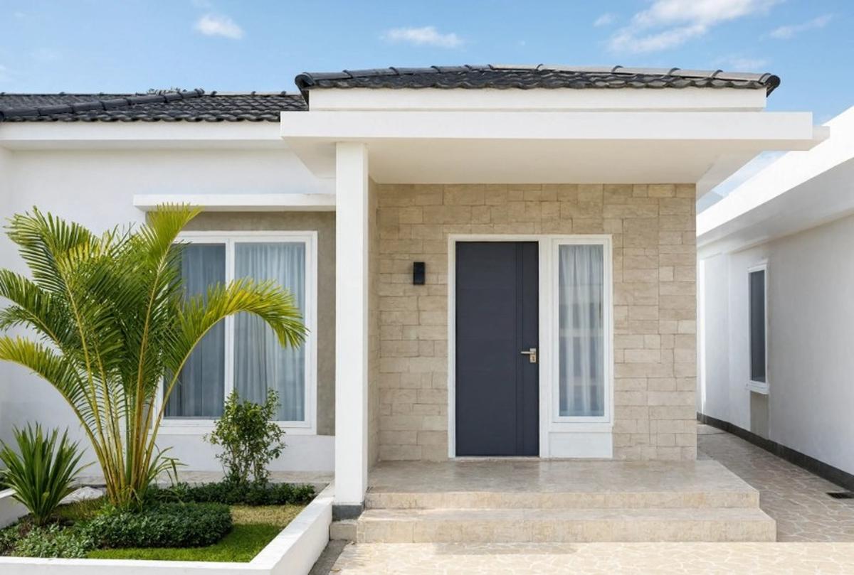 Inspirasi Teras Rumah Subsidi dengan Batu Alam dan Palem Kuning (AI Generated)