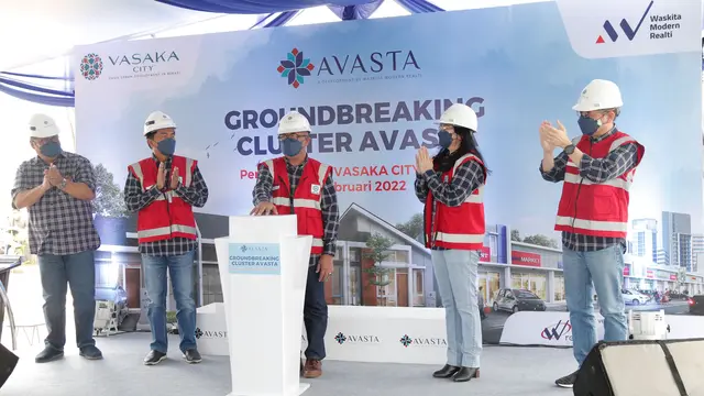 Acara peletakan batu pertama atau groundbreaking Cluster Avasta di kawasan kota mandiri Vasaka City. Kota mandiri ini dikembangkan oleh PT Waskita Karya (Persero) Tbk melalui cucu usaha PT Waskita Modern Realti. (Dok Waskita)