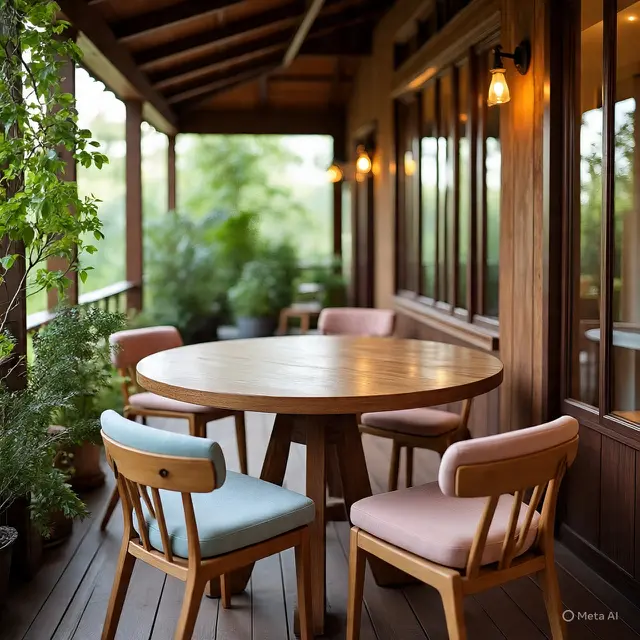 Teras Ala Cafe Bergaya Mid-Century Modern dan Hangat