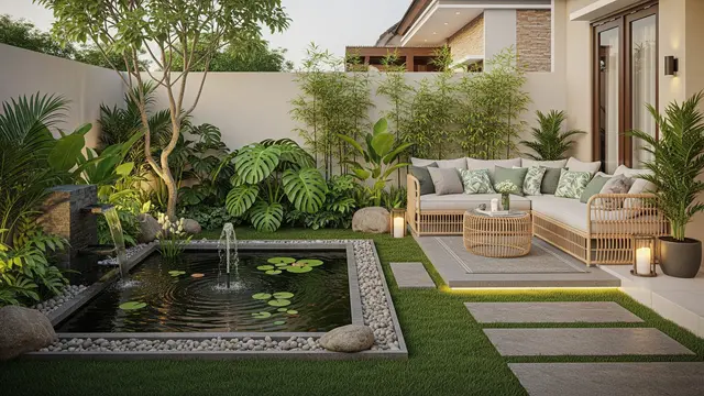 Desain Belakang Rumah Minimalis yang Cocok untuk Kolam Ikan Kecil dan Sudut Santai Keluarga