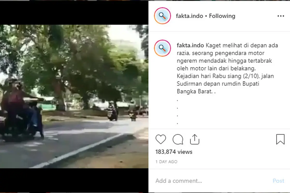 Seperti dilansir akun Instagram @fakta.indo, Jumat (4/10/2019), sebuah video memperlihatkan seorang pria berusaha menghindari razia dengan berputar arah di jalan menikung.