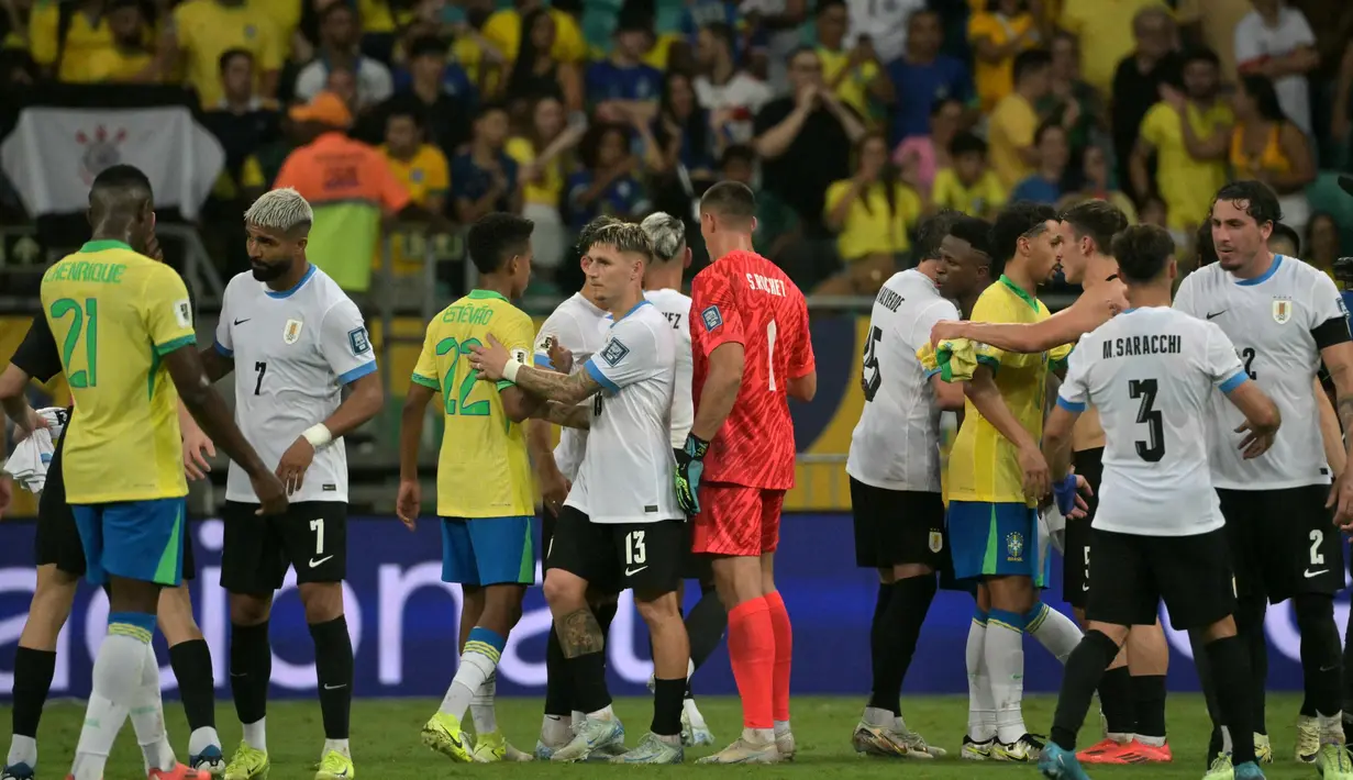 Saat ini, Brasil masih berada di posisi kelima kualifikasi Piala Dunia 2026 zona Conmebol atau Amerika Selatan dengan raihan 16 poin dari 12 pertandingan. Sementara, Uruguay berada di posisi dua dengan 20 poin dari 12 laga. (NELSON ALMEIDA/AFP)