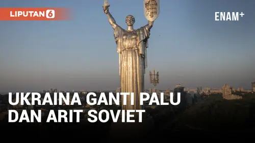 VIDEO: Ukraina Ganti Palu dan Arit Soviet dengan Trisula di Monumen Kyiv yang Menjulang Tinggi