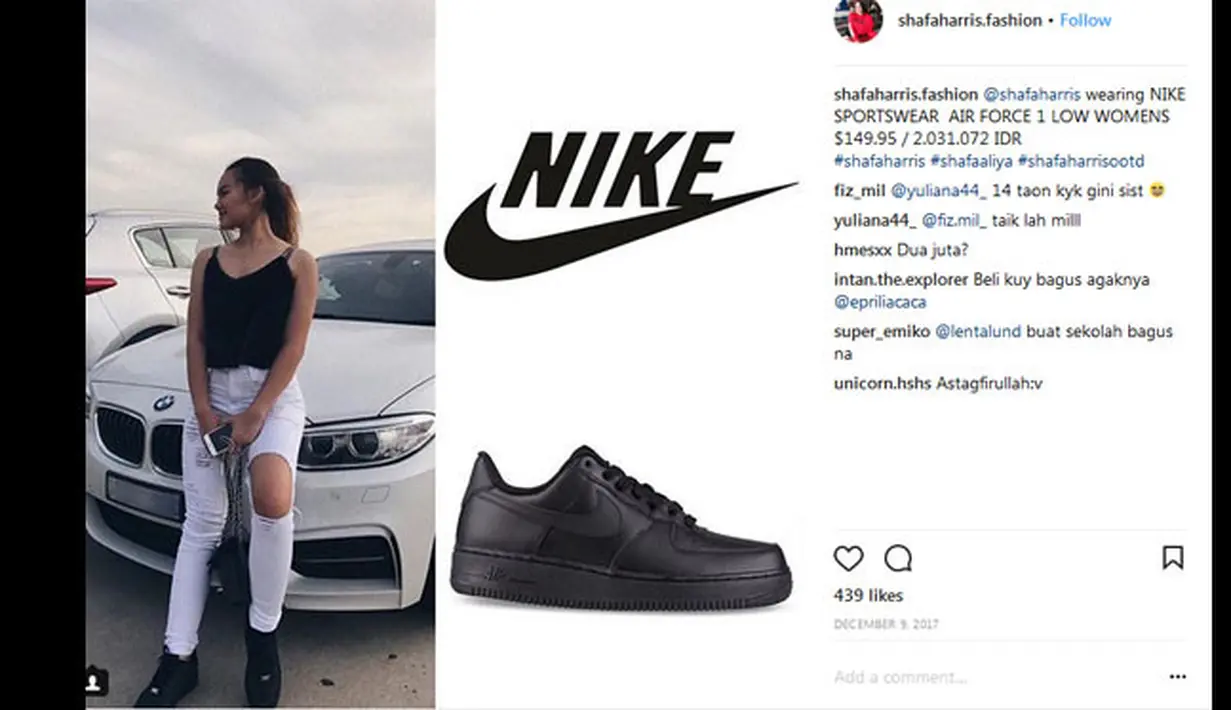 Jarang terlihat tampil girly, Shafa justru lebih sering memakai sneakers. Dan yang berwarna hitam ini merupakan salah satu koleksinya, dan harganya mencapai Rp 2.031.072. (Instagram/shafaharris.fashion)