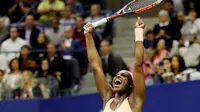Ekspresi Sloane Stephens setelah mengalahkan Venus Williams pada semifinal AS Terbuka 2017, Kamis (7/9/2017) malam waktu setempat. (AP/Andres Kudacki)
