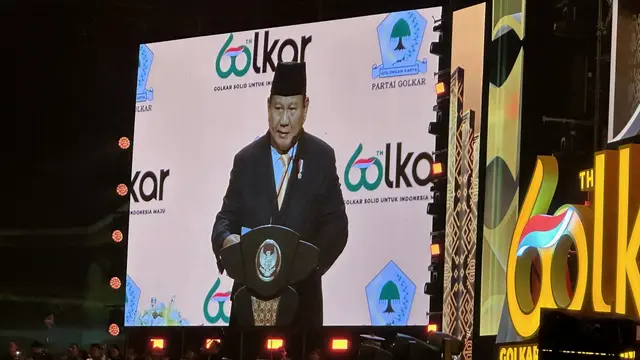 Presiden Prabowo Subianto dalam acara HUT ke-60 Partai Golkar di Sentul, Bogor, Jawa Barat, Kamis (12/12/2024) (Liputan6.com/Nanda Perdana Putra)