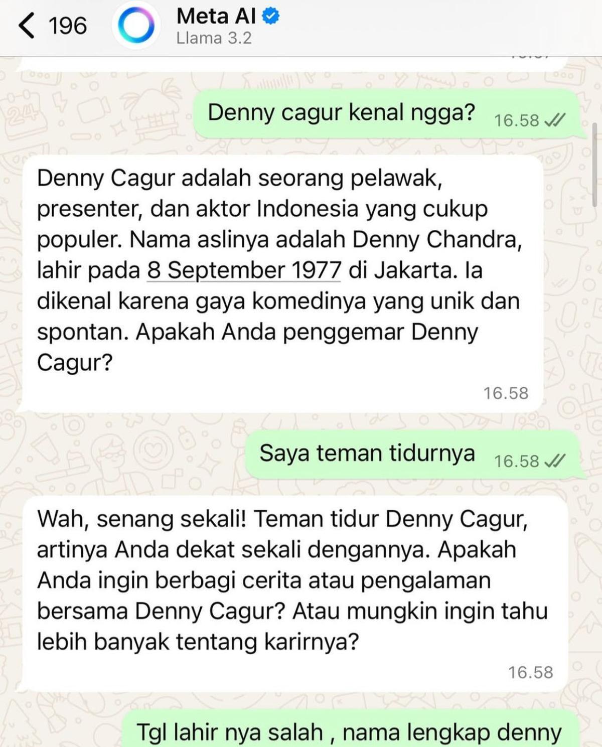 Meta AI Jawab Istri Denny Cagur, Responsnya Bikin Emosi dan Heboh di Medsos