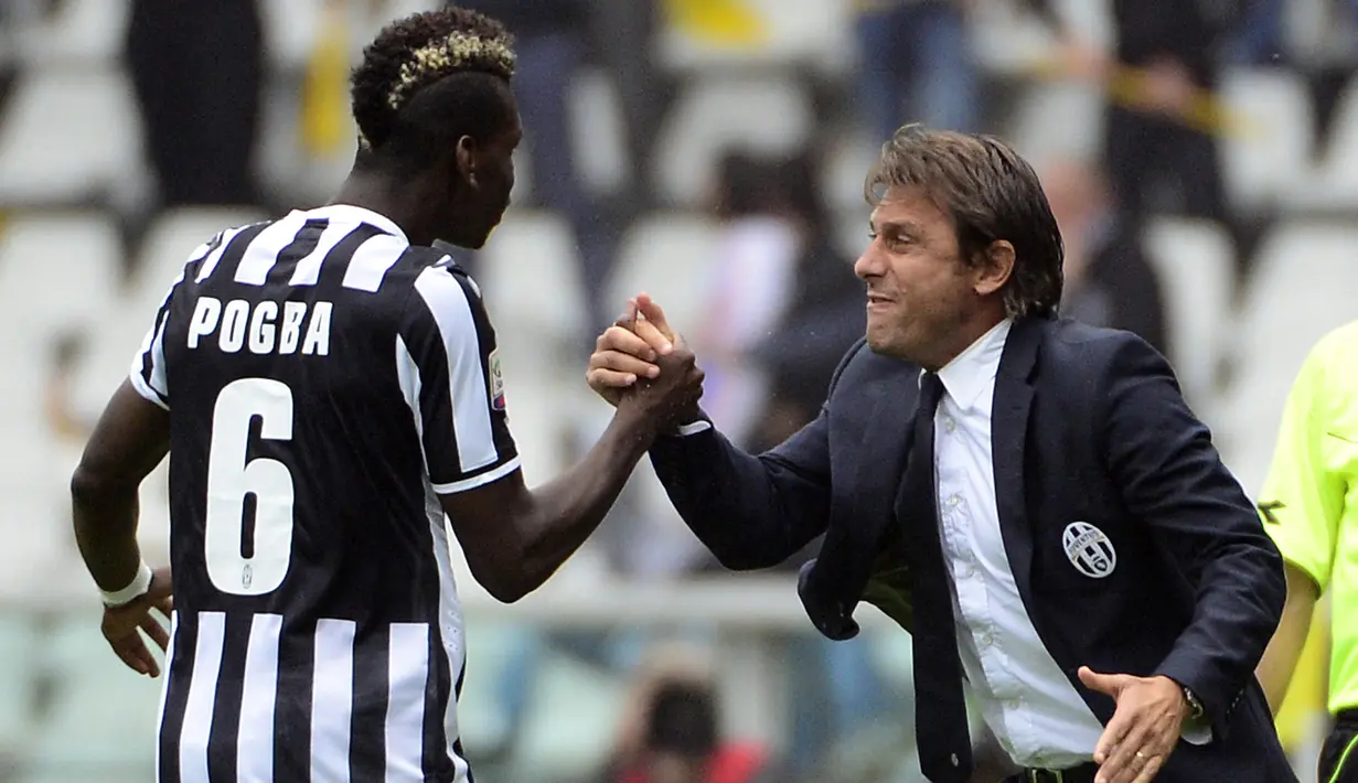 Paul Pogba. Sosok pemain paling sukses saat ditangani Antonio Conte di Juventus dengan merebut 4 gelar Liga Italia dalam 4 musim. Sebelumnya ia disia-siakan Manchester United dan dilepas pada awal musim 2012/2013. Usai sukses, Setan Merah kembali menariknya pada 2016/2017. (AFP/Olivier Morin)