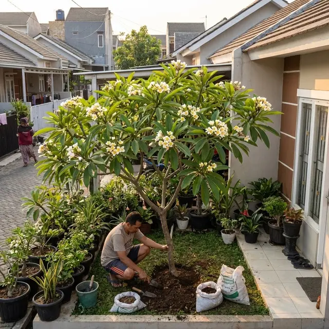 Menanam kamboja di depan rumah