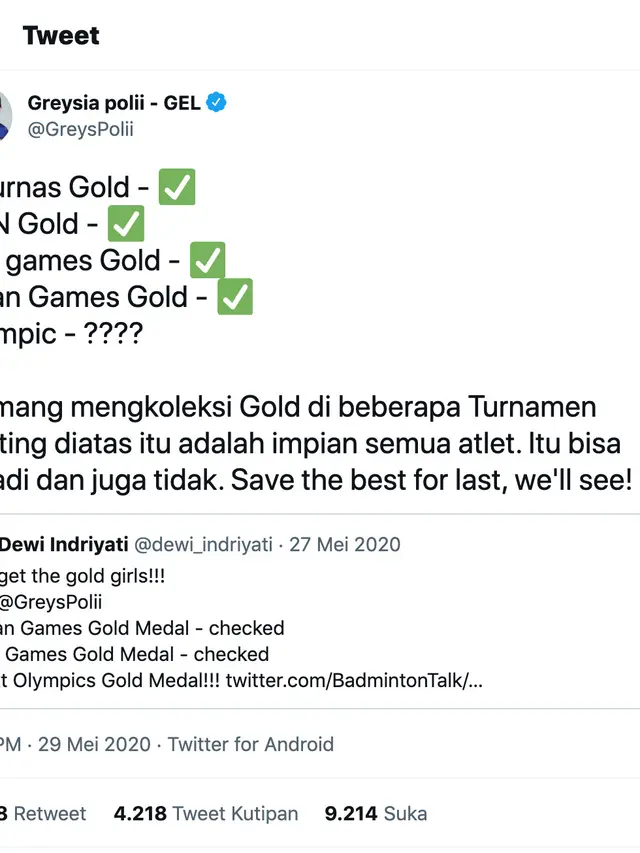 Cuitan Greysia Polii. (Foto: Dok. Twitter @greyspolii)