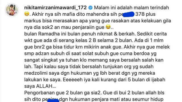 Cuitan Nikita Mirzani. (Foto: Dok. Instagram @nikitamirzanimawardi_172)
