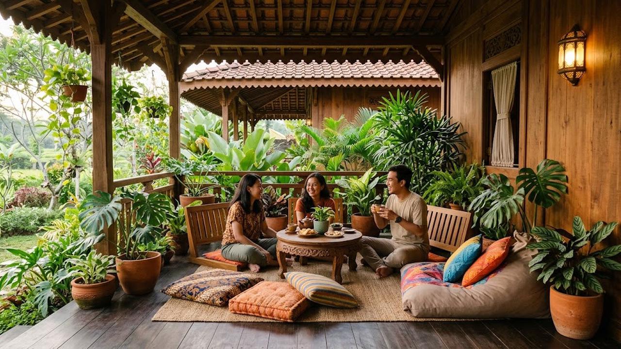 Model Teras Rumah dengan Kursi Kayu dan Tanaman Hijau/AI Generated