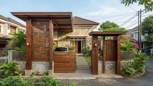 Model gapura rumah sederhana dengan sentuhan kayu yang elegan sehingga bikin hunian biasa jadi megah dengan desain asimetris