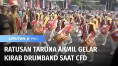 Kirab drumband ratusan taruna Akademi Militer, Akademi Angkatan Udara, Akademi Angkatan Laut dan Kadet Mahasiswa Universitas Pertahanan RI, meriahkan jalur CFD Jakarta, Minggu (21/08) pagi. Kirab yang digelar dalam rangka memeriahkan HUT ke-77 RI.