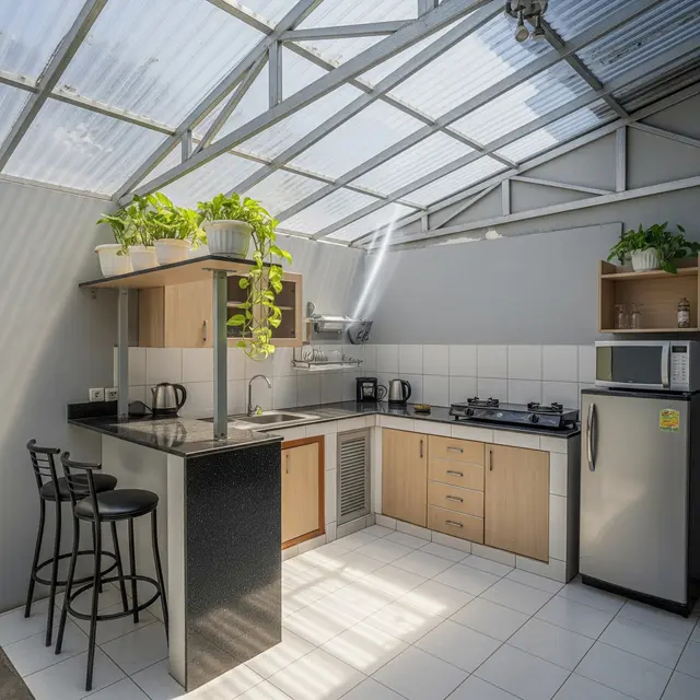 9 Model Dapur Terbuka Ukuran 2x2 Memakai Baja Ringan dan Atap Bening