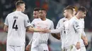 Pemain Bayern Munchen merayakan kemenangan atas Lokomotiv Moscow pada laga lanjutan Liga Champions 2020/2021 di RZD Arena, Rabu (28/10/2020) dini hari WIB. Bayern Munchen menang 2-1 atas Lokomotiv. (AFP/Maxim Shemetov/pool)