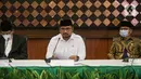 Menteri Agama Yaqut Cholil Qoumas memberikan konferensi pers di Gedung Kementerian Agama, Jakarta, Kamis (3/6/2021). Keputusan pembatalan pemberangkatan ibadah haji, salah satunya karena pemerintah Arab Saudi belum memberikan kuota haji kepada pemerintah Indonesia. (Liputan6.com/Faizal Fanani)