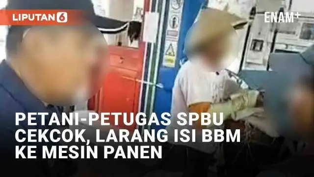 di Kalijambe, Sragen, Jawa Tengah (27/5/2023). Petugas SPBU bermaksud meminta surat pertanian pada rombongan agar dapat ditukarkan dengan 'barcode' untuk mengisi BBM. Namun perekam dari rombongan petani membela diri karena tak paham soal barcode.