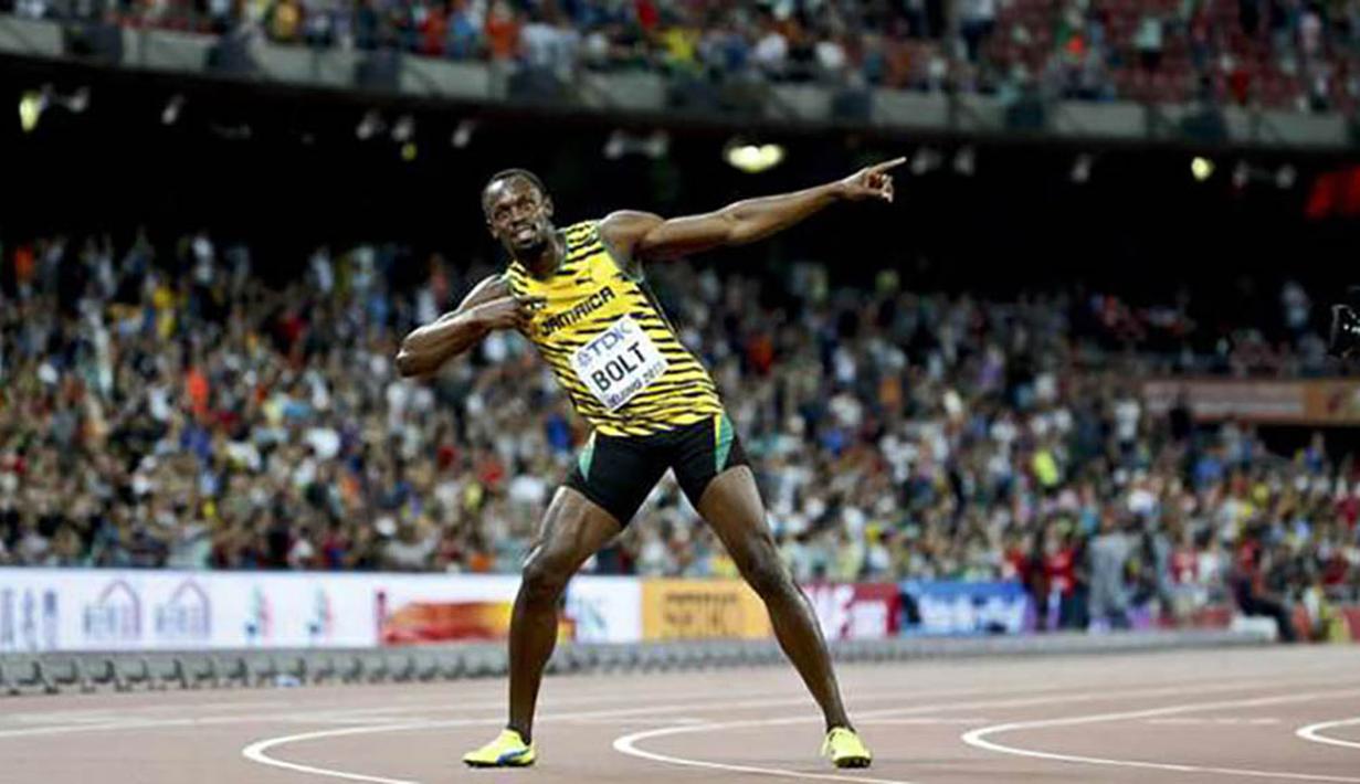 5. Sprinter Usain Bolt, menjadi manusia yang tercepat di dunia usai mengalahkan rivalnya Justin Gatlin. Pelari asal Jamaika itu menjadi juara dunia lari 100 meter di Beijing. (Reuters/Phil Noble)