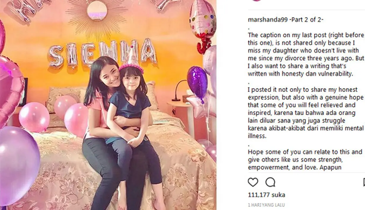 "Makanya aku bikin dua post. Setelah saya menumpahkan dalam tulisan, saya malah merasa lebih baik. Lucunya orang-orang malah berpikir saya down, hancur." kata Marshanda. (Istagram/marshanda99)