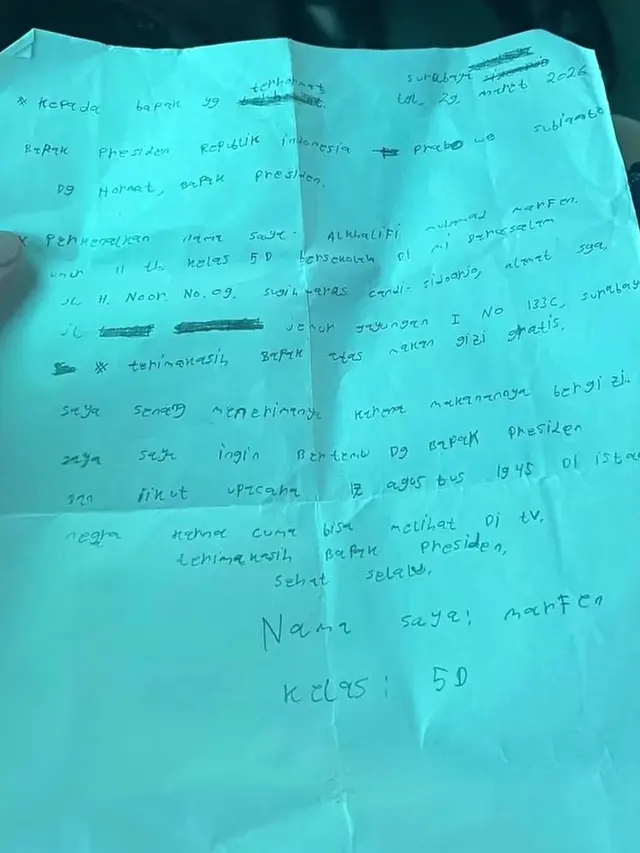 Isi Surat Bocah SD Marfen Kepada Presiden Prabowo