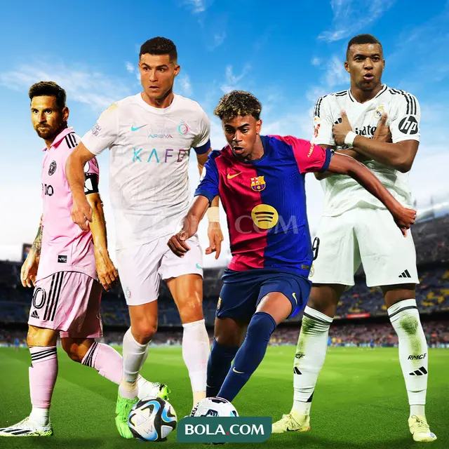 Ilustrasi - Lione Messi, Cristiano Ronaldo, Lamine Yamal, Kylian Mbappe