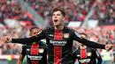 Gelandang Leverkusen, Kai Havertz, saat merayakan golnya ke gawang RB Leipzig dalam laga lanjutan kompetisi Bundesliga di Leverkusen, Jerman pada 6 April 2019. Bayer Leverkusen menang 2-1 atas Leipzig. (AFP/Hasan Bratic)