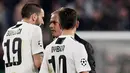 Pelatih Manchester United, Jose Mourinho, bersitegang dengan bek Juventus, Leonardo Bonucci, usai laga Liga Champions di Stadion Allianz, Turin, Rabu (7/11), Juventus kalah 1-2 atas MU. (AFP/Marco Bertorello)