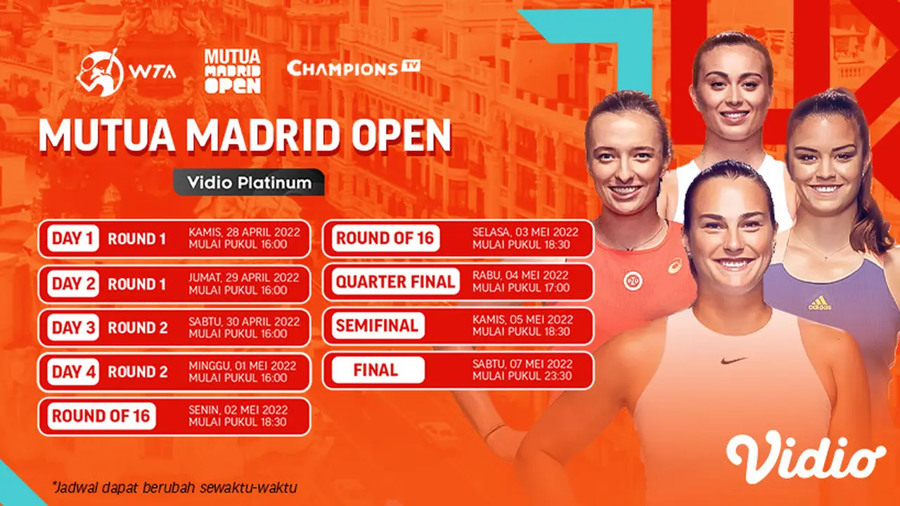 Link Live Streaming WTA 1000: Mutua Madrid Open di Vidio, 28 April - 7 Mei 2022