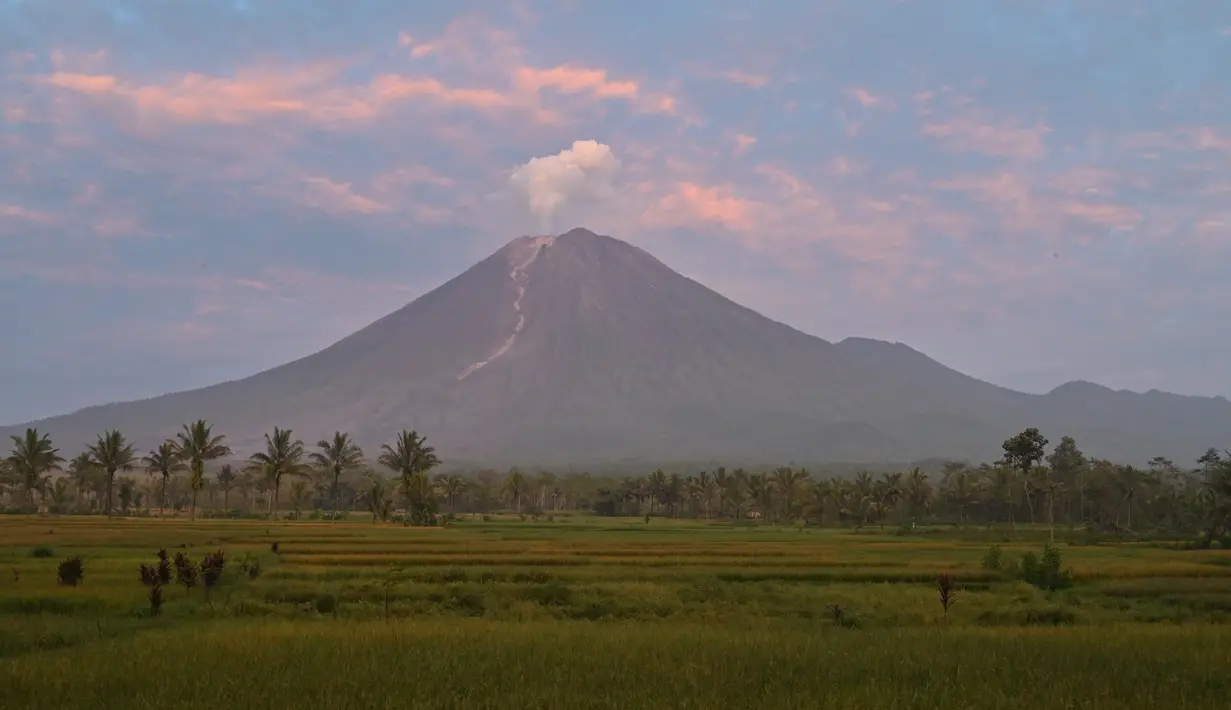 Gunung Semeru menyemburkan asap tipis terlihat dari desa Curah Kobokan di Lumajang, Jawa Timur, Rabu (8/12/2021).  Hingga Selasa (7/12/2021), ada 22 warga yang dinyatakan meninggal dunia akibat erupsi Gunung Semeru. (ADEK BERRY / AFP)
