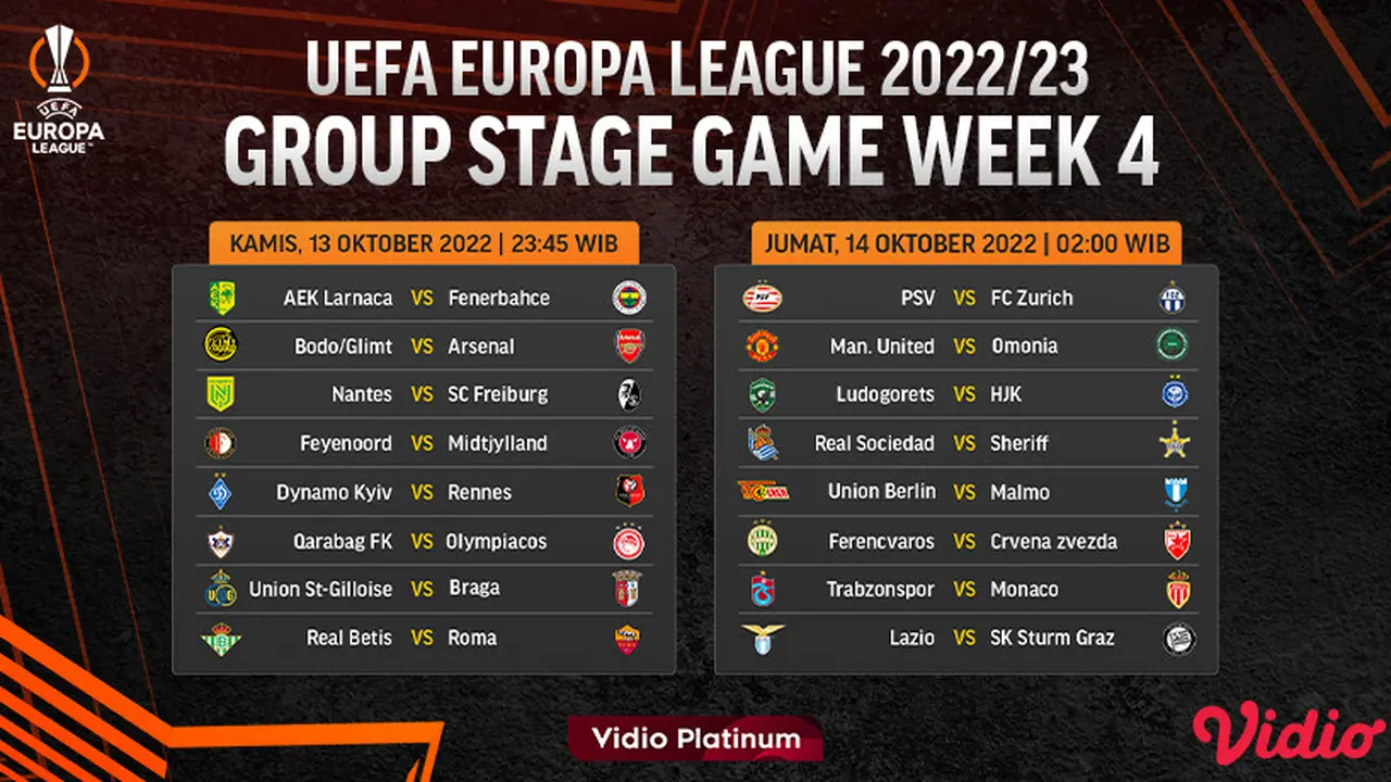 Dapatkan Link Live Streaming Liga Europa 2022/23 Minggu Keempat di Vidio, 13 sampai 14 Oktober 2022