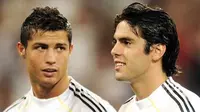 Dua bintang Real Madrid, Cristiano Ronaldo (kiri) dan Kaka sebelum laga lawan Rosenborg di turnamen Santiago Bernabeu, 24 Agustus 2009. Madrid unggul 4-0. AFP PHOTO/Pedro ARMESTRE
