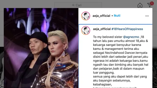 Unggahan Reza Muhammad, penari Agnez Mo.