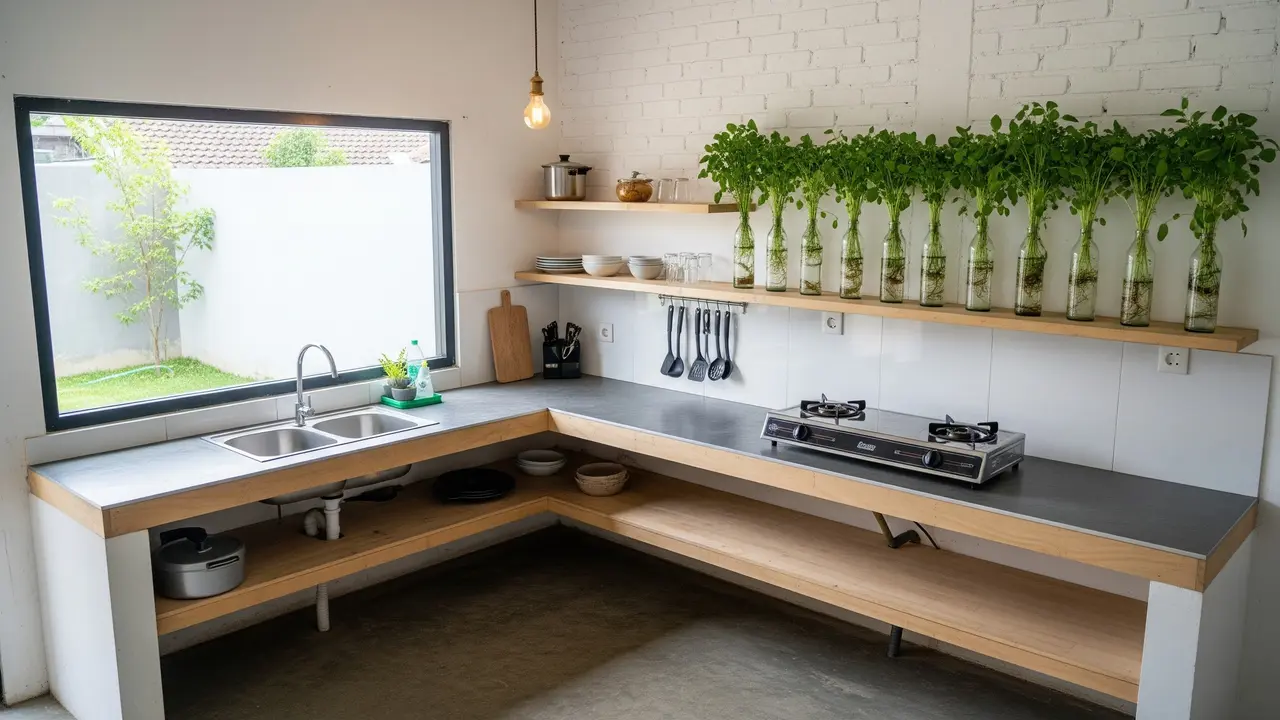 Model Dapur Minimalis Bentuk L dengan Tanaman Sayur di Botol