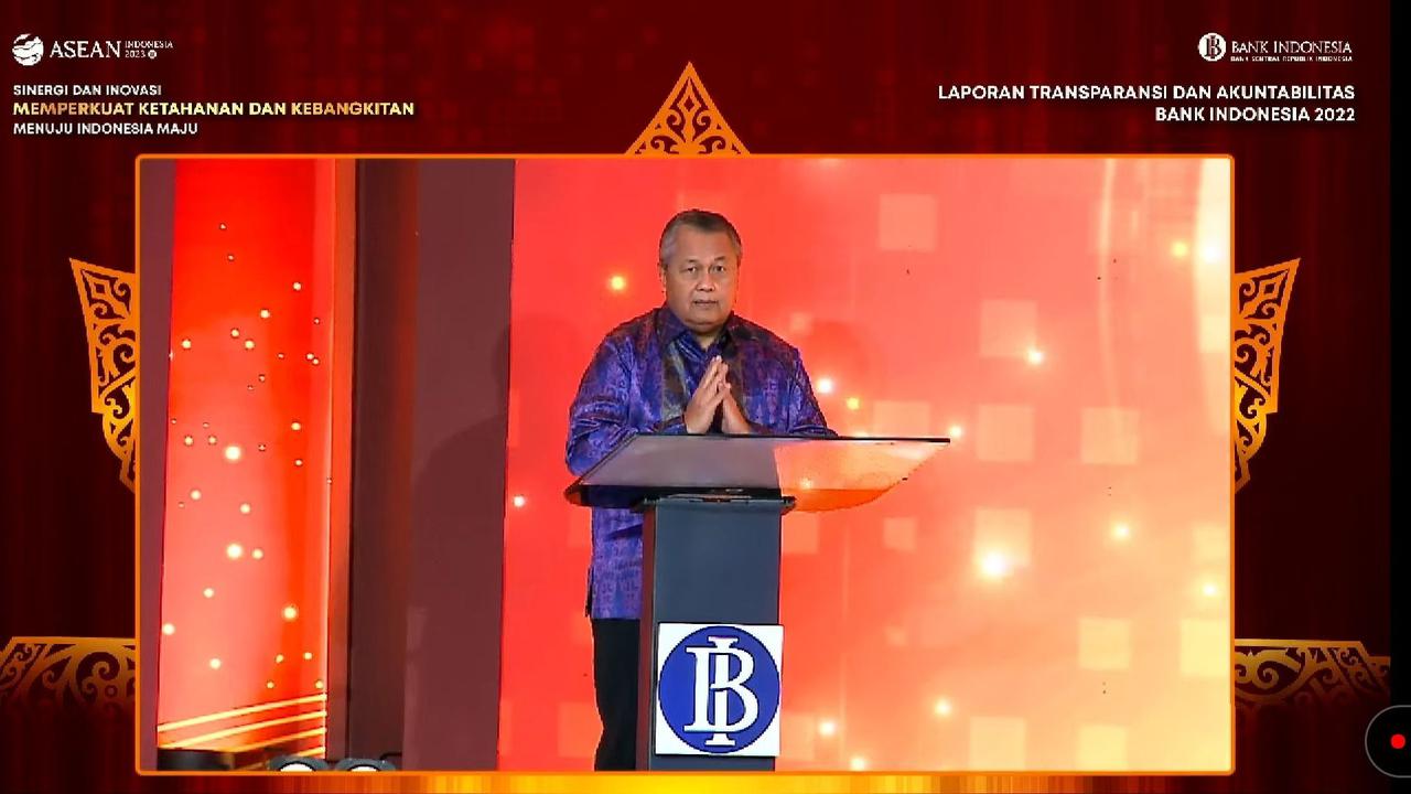 Gubernur Bank Indonesia Perry Warjiyo, dalam peluncuran Laporan Transparansi dan Akuntabilitas Bank Indonesia (LTABI) 2022, Senin (30/1/2023).
