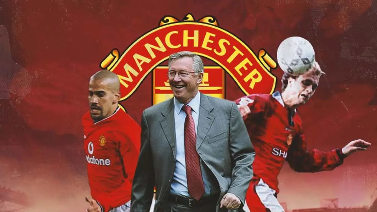 Manchester United - Sir Alex Ferguson diapit Juan Sebasitian Veron dan Jordi Cruyff