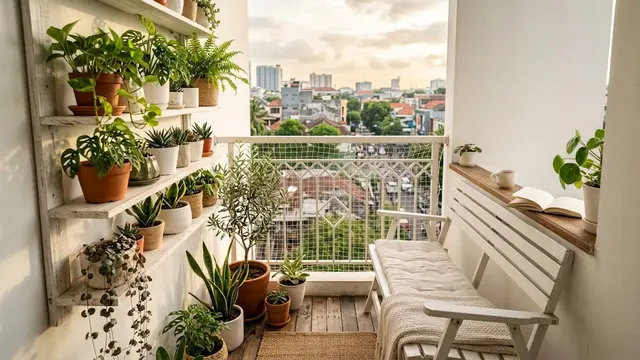 Desain Balkon Sempit dengan Rak Tanaman dan Bangku Lipat
