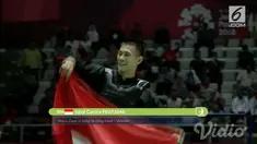 Iqbal Candra Pratama mengalahkan Ngoc Toan Nguyen (Vietnam) 4-1 pada final nomor 60-65 kg cabor pencak silat Asian Games 2018 di Padepokan Pencak Silat Taman Mini Indonesia Indah, Senin (27/8/2018).