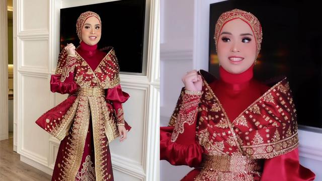 Putri Ariani mengenakan gaun yang berpadu kain songket Palembang