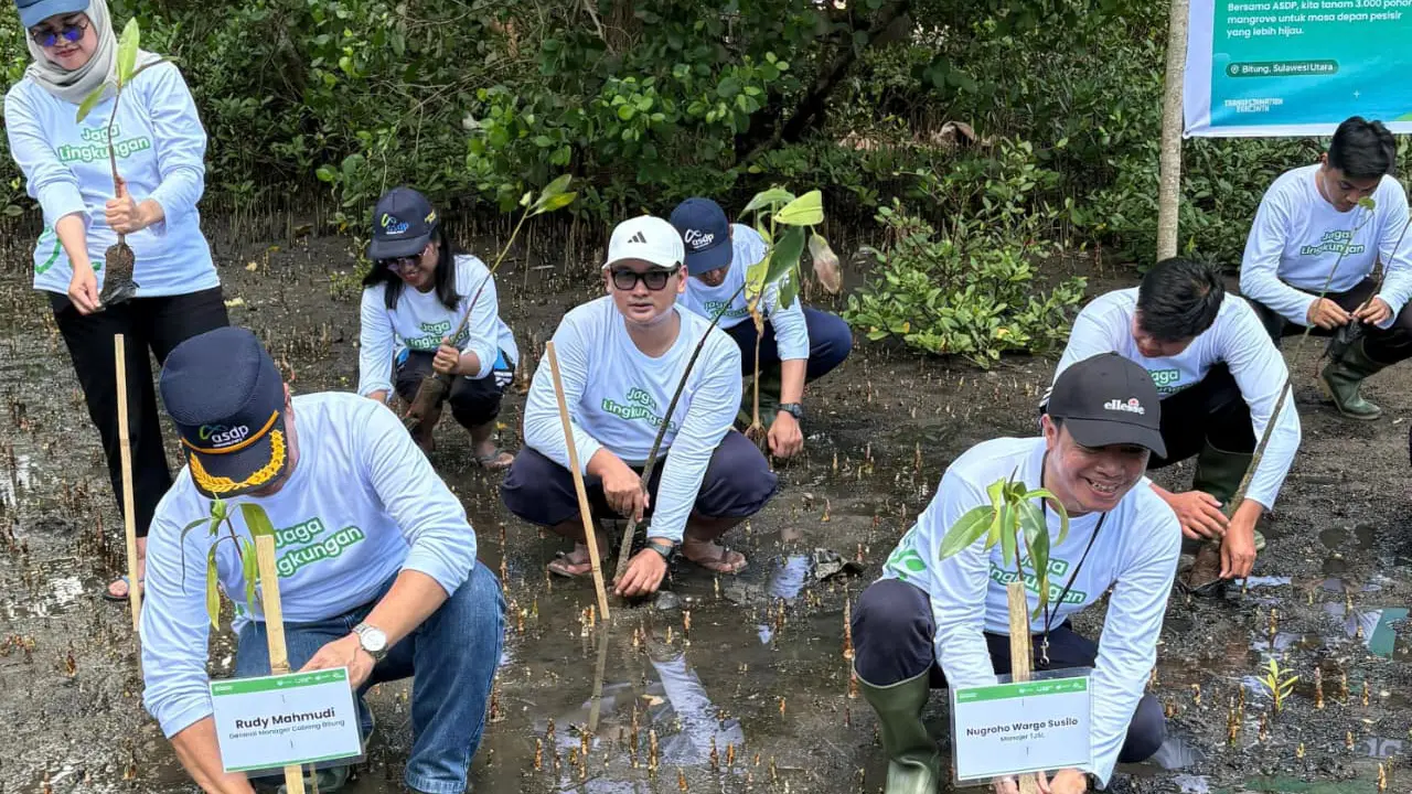 Deretan bibit mangrove muda ditanam satu per satu di sepanjang garis pantai di pesisir Mawali, Bitung, Sulawesi Utara.