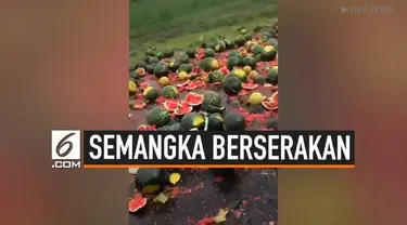 Sebuah truk pengangkut semangka kehilangan kendali dan menumpahkan semua isi muatannya di jalan Valea Plopilot, Rumania. Ratusan semangka berserakan di jalan dan menjadi rebutan para warga.