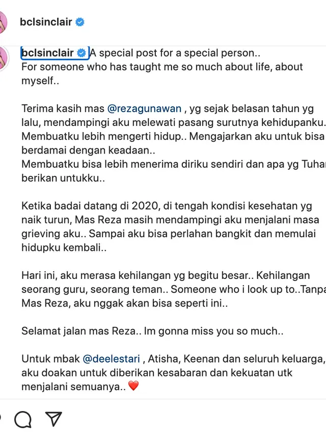 Unggahan BCL soal Reza Gunawan. (Foto: Dok. Instagram @bclsinclair)