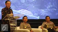 Kepala BKPM Thomas Lembong menyampaikan pemaparan saat acara penandatanganan kerjasama antara BKPM dengan Polri di Jakarta, Senin (19/9). Acara bertema 'Jaminan Keamanan Berinvestasi'. (Liputan6.com/Immanuel Antonius)