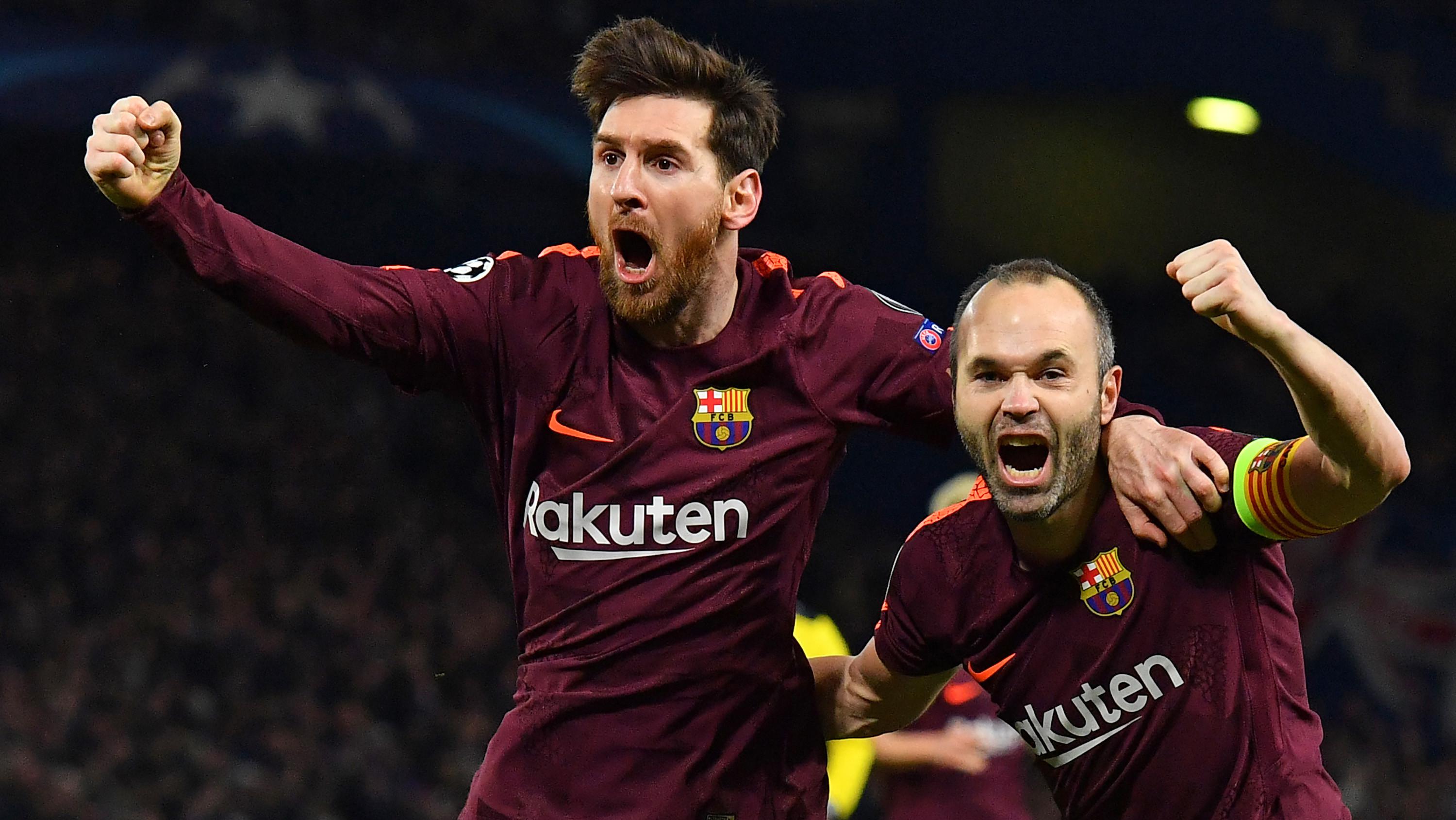 Gelandang Barcelona, Lionel Messi, merayakan gol yang dicetaknya ke gawang Chelsea pada laga Liga Champions di Stadion Stamford Bridge, London, Selasa (20/2/2018). Chelsea sementara unggul 1-0 atas Barcelona. (AP/Alastair Grant)